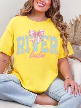 Gildan Yellow "River Babe" Short Sleeve Tee with Pink Bow